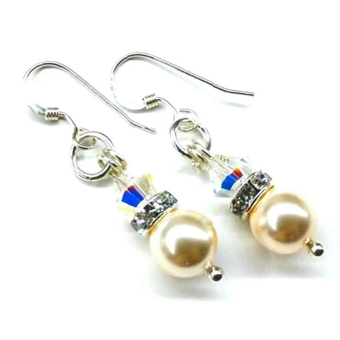 Alexa Martha Designs Silver Swarovski Crystal Pearl Stack Earrings feature cream pearls, rainbow-reflecting crystal beads, silver hooks, and spacer rings. Available in various colors.