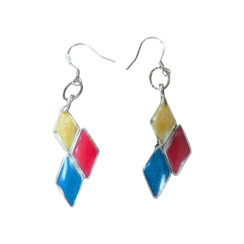 Sterling Silver Three Diamond Geometric Dangle Earrings 2 Inch Drop – Colorful Team Spirit Design | Made in USA Michelle Marie Boutique  Earrings