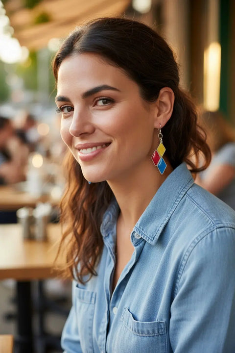 Sterling Silver Three Diamond Geometric Dangle Earrings 2 Inch Drop – Colorful Team Spirit Design | Made in USA Michelle Marie Boutique  Earrings