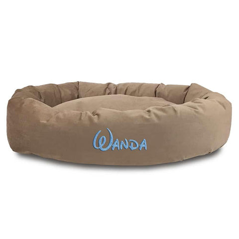 Personalized Suede Bagel Dog Bed – Luxurious Faux Suede Pet Cushion | Made in USA Majestic Pet 