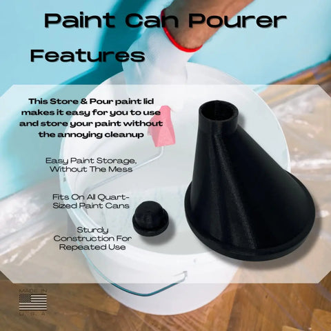 A person uses the Chatelet Manufacturing Store & Pour Paint Can Pourer on a quart can. Text highlights its reusable, sturdy design, removable rubber stopper for easy storage, no-mess pouring, and perfect fit for quart-sized cans.