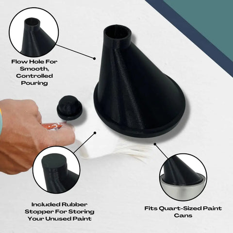 The Chatelet Manufacturing Store & Pour Paint Can Pourer fits quart-sized cans and features a removable rubber stopper for storing unused paint—shown here in black—with insets highlighting this reusable, no-mess accessory.
