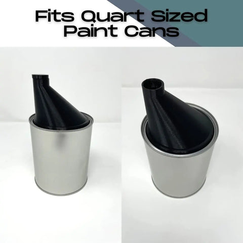 Two images show the Chatelet Manufacturing Store & Pour Paint Can Pourer, a black reusable pourer on a silver quart-sized can. Fits quart-sized cans and features a removable rubber stopper for drip-free pouring and easy storage.