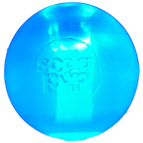The Strobe Ball Ultra Durable PUP-X by SodaPup is a translucent blue sphere for chewing, floating, and retrieving—perfect for night fetch and built to last. Embossed with "soda pop," it stands out against a white background.