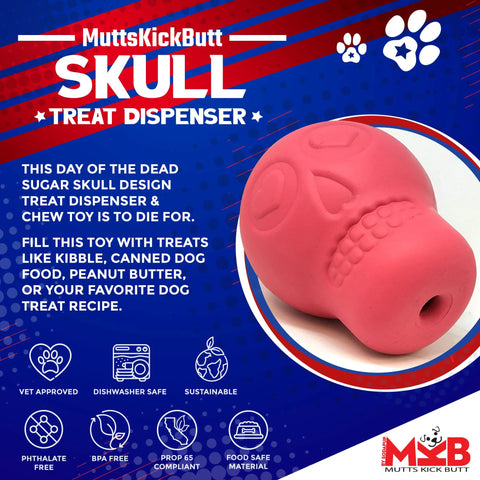 The Sugar Skull EDispenser by SodaPup, a pink skull-shaped durable rubber chew toy and treat dispenser, is shown as dishwasher safe, sustainable, and pet-safe with highlighted safety icons. Instructions and SodaPup branding are also included.