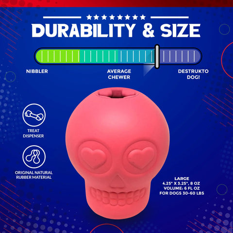 The SodaPup Sugar Skull EDispenser is a pink, skull-shaped natural rubber chew toy and treat dispenser with heart eyes, rated durable for average chewers and ideal for 50–60 lb dogs.