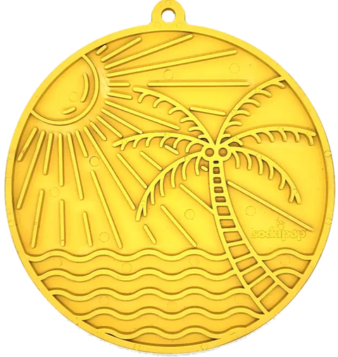 The Sun N Sea EMat Enrichment Lick Mat by SodaPup is a yellow round mat with embossed sun, palm tree, and ocean motifs. It features a hanging hole and suction cups, with SodaPup embossed—ideal for dog enrichment activities.