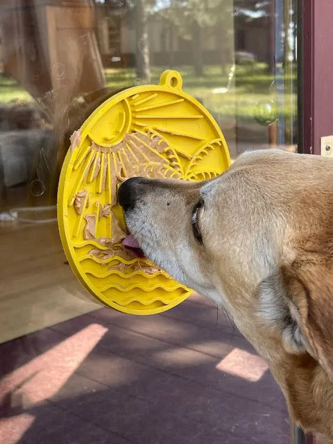A dog enjoys peanut butter on the SodaPup Sun N Sea EMat Enrichment Lick Mat With Suction Cups, featuring sun and wave patterns in yellow. The mat attaches to a glass door; an indoor room and greenery are visible in the background.