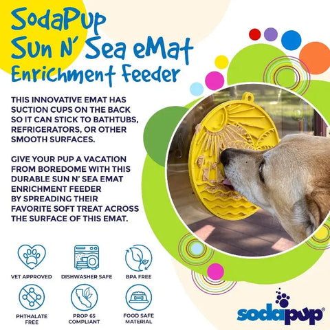A dog licks the SodaPup Sun N Sea EMat Enrichment Lick Mat With Suction Cups on a wall. Text highlights enrichment features like secure suction cups, dishwasher safety, BPA-free material, and a pet-friendly design.