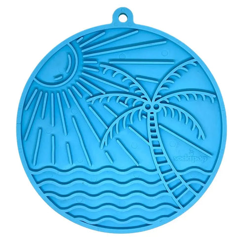 The SodaPup Sun N Sea EMat Enrichment Lick Mat With Suction Cups features a round blue silicone mat with sun, palm tree, and wave designs—ideal for dog enrichment and treat time with a tropical vibe.