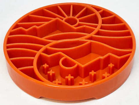 The SodaPup Sun and Moon Design ETray Enrichment Slow Feeder Tray for Dogs features raised maze-like patterns to engage your pet and slow down eating, making mealtimes enriching for smaller dogs.