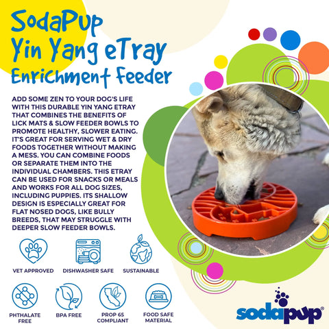 A flyer for SodaPups Sun and Moon Design ETray Enrichment Slow Feeder Tray shows a dog eating from the orange bowl on grass. Text highlights that its safe, sustainable, easy to clean, and ideal for smaller dogs.