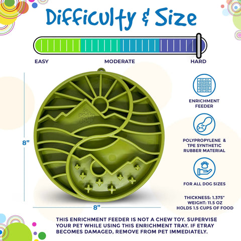 The SodaPup Sun and Moon Design ETray Enrichment Slow Feeder Tray for Dogs is green, round, holds up to 1.5 cups, suits small dogs, offers moderate difficulty with ridges and compartments for enrichment, and includes details on size and material.