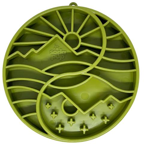 The SodaPup Sun and Moon ETray is a green silicone enrichment slow feeder tray for dogs, featuring mountain, sun, and wavy line designs with raised shapes—perfect for smaller pets.