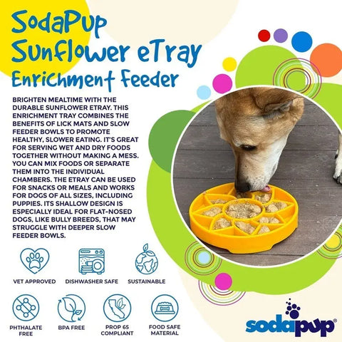 A brown dog enjoys dry kibble from the yellow SodaPup Sunflower Design ETray Enrichment Shallow Slow Feeder Dog Bowl on a wooden floor. Text highlights the bowl’s features, safety, and sustainability benefits with icons.