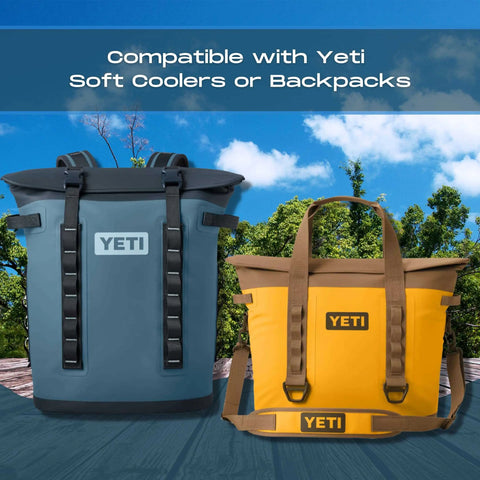 Two Yeti soft coolers, a blue backpack and a yellow handled model, sit outdoors. Text reads: Chatelet Manufacturing Sunglasses Holder Attachment—compatible with soft Yeti coolers & backpacks with straps. Made in USA!.