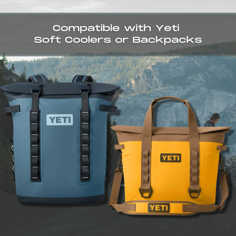 Two Yeti soft coolers—a blue backpack and yellow tote—are displayed side by side, each with a Chatelet Manufacturing Sunglasses Holder Attachment for convenient, secure storage. Text reads: Compatible with Yeti Soft Coolers or Backpacks. Mountain scenery in background.