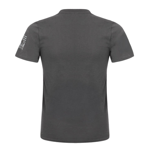 The Sunrise Hiker by Fireside Pine is a plain dark gray short-sleeve polo seen from the back, with a small white graphic on the left sleeve. It features a classic collar, straight hem, premium material blend, and all-day comfort.