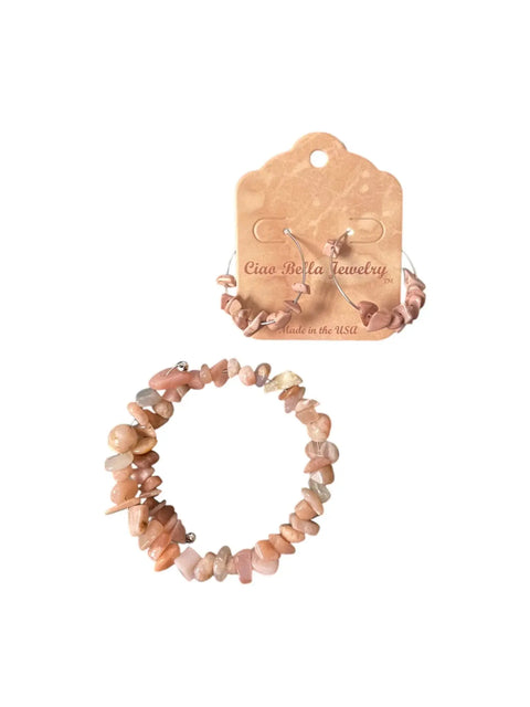 Sunstone Wrap Bracelet and Stainless Steel Hoop Earrings Set – Handmade Gemstone Jewelry | Made in USA – Summer Accessory Gift Michelle Marie Boutique  Bracelet Set