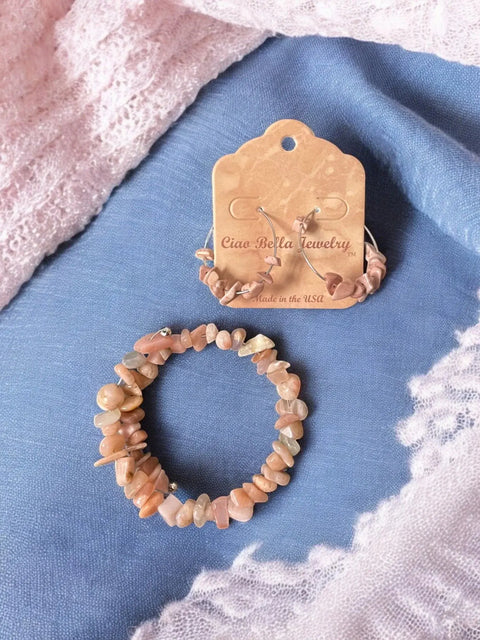 Sunstone Wrap Bracelet and Stainless Steel Hoop Earrings Set – Handmade Gemstone Jewelry | Made in USA – Summer Accessory Gift Michelle Marie Boutique  Bracelet Set