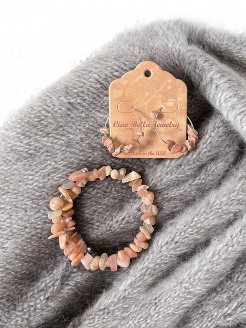 Sunstone Wrap Bracelet and Stainless Steel Hoop Earrings Set – Handmade Gemstone Jewelry | Made in USA – Summer Accessory Gift Michelle Marie Boutique  Bracelet Set