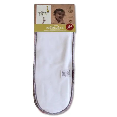 A white Super Absorbers Plus Cloth Diaper Insert by Geffenbaby with colored trim is shown vertically in packaging, featuring a smiling baby photo at the top and the brand name with absorbency details above the insert.