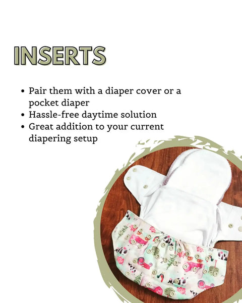 The Geffenbaby Super Absorbers Plus Cloth Diaper Insert rests on an open diaper with a vibrant owl-print cover, promoting easy pairing, simple use, and boosted absorbency—an eco-friendly upgrade to any diapering system.