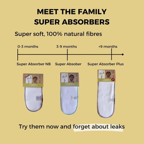 Three Geffenbaby Super Absorbers Plus Cloth Diaper Inserts for ages 0–3, 3–9, and 9+ months shown on yellow background, featuring eco-friendly leak protection and natural fiber absorbency.