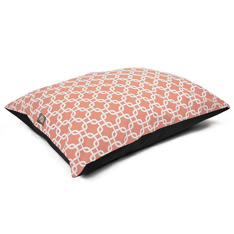 The Majestic Pet Links Super Value Dog Bed features a pink and white geometric chain top, solid black sides, and durable poly-cotton construction. Machine washable for easy care, it is shown on a plain white background.