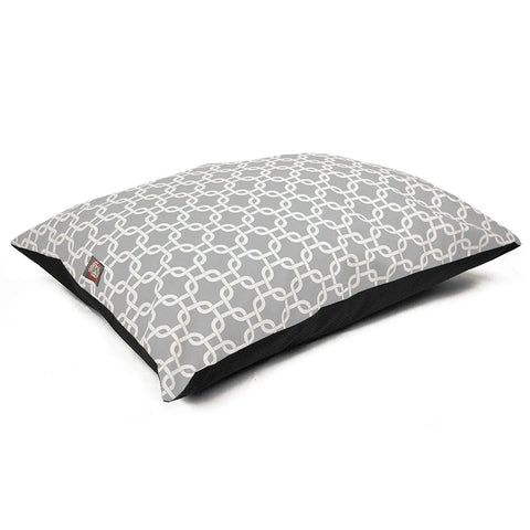 The Majestic Pet Links Super Value Dog Bed is rectangular with a gray poly-cotton, machine washable cover featuring a white geometric chain pattern, shown on a plain white background.