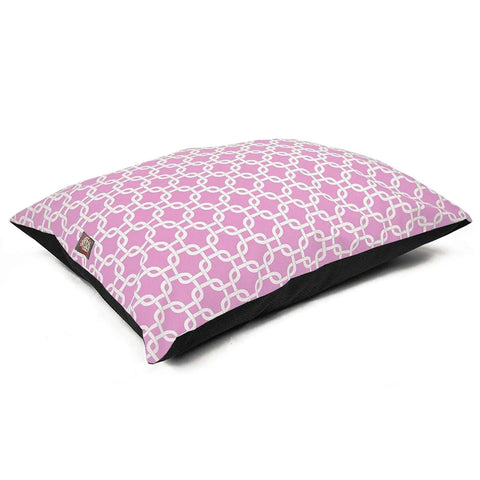 The Majestic Pet Links Super Value Dog Bed is a large rectangular poly-cotton bed featuring a pink and white geometric top with black sides. Easy to clean, its machine washable and shown on a white background.