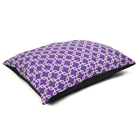 The Majestic Pet Links Super Value Dog Bed features a rectangular poly-cotton design with a purple cover and white geometric chain-link pattern, offering style and comfort for pets. This machine washable bed is perfect as a dog bed or accent piece.