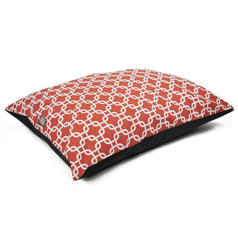 The Majestic Pet Links Super Value Dog Bed features a red cover with a white geometric chain-link pattern and black sides and base, made from durable, machine washable poly-cotton fabric.