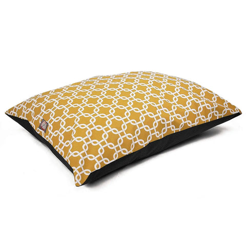 The Majestic Pet Links Super Value Dog Bed features a mustard yellow poly-cotton cover with a white geometric chain link pattern, black sides, and is machine washable for easy care. Seen here on a plain white background.