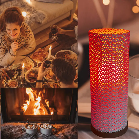 A collage of friends dining by candlelight, a cozy fireplace with hot chocolate, and the Chatelet Manufacturing Surface Beam Lamp—an innovative, color-changing table lamp—creates a warm, inviting space with ambient lighting.