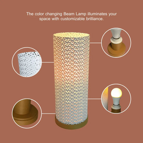 The Surface Beam Lamp by Chatelet Manufacturing is a cylindrical, perforated lamp for night stands, end tables, and coffee tables, shown on a brown background with images highlighting its customizable color-changing and dimming ambient lighting.