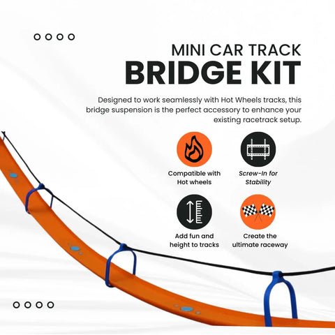 The Chatelet Manufacturing Suspension Bridge Kit for Hot Wheels Racetracks features 10 bridge supports, rope, and wall connectors for creative setups—icons show compatibility and added fun. Made in USA.