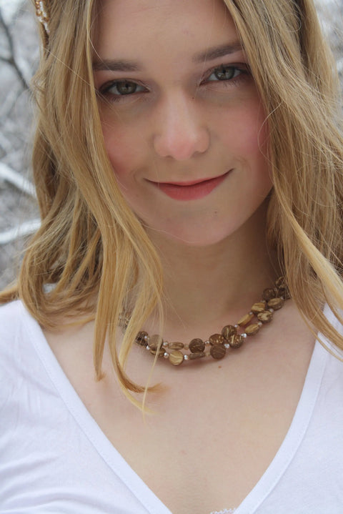 Sustainable Coconut Shell Double Strand Necklace – Champagne Crystal Accents – Adjustable | Made in USA Michelle Marie Boutique  Necklace