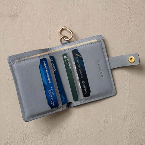 Sustainable Ice Blue Leather Wallet With Snap Closure and Key Ring – 4.25x3.5 Inch Minimalist Design | Made in USA CASUPO  Small Bifold