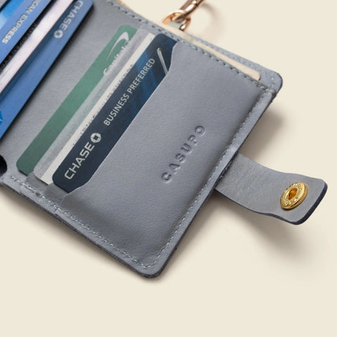 Sustainable Ice Blue Leather Wallet With Snap Closure and Key Ring – 4.25x3.5 Inch Minimalist Design | Made in USA CASUPO  Small Bifold