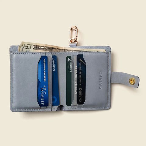 Sustainable Ice Blue Leather Wallet With Snap Closure and Key Ring – 4.25x3.5 Inch Minimalist Design | Made in USA CASUPO  Small Bifold