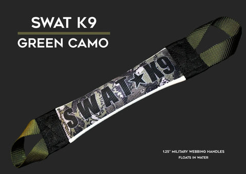 The Bulletproof Pet Products Inc Swat K9 Fire Hose Training Tug - Camo Series features black and green camo, 12.5 military webbing handles at both ends, floats in water, and is built for tough play—perfect for heavy-duty K9 training.
