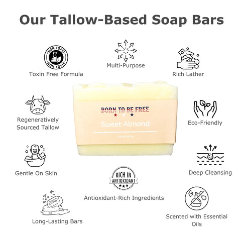Sweet Almond Nourishing Tallow Soap Bar 4.5 oz – Natural Skincare – Born To Be Free | Made in USA Born to be Free  Soap