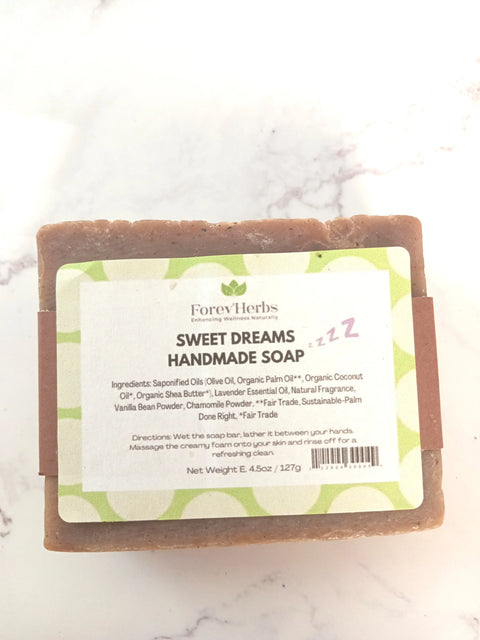 Sweet Dreams Handmade Soap by Forev'Herbs features a green and white label listing lavender, shea butter, and chamomile among its ingredients, plus usage directions and weight (4.5 oz/127g). This organic bar is handmade for a soothing experience.