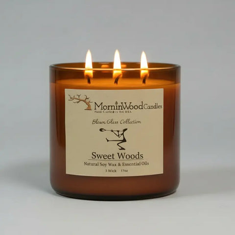 Sweet Woods 3-Wick Soy Candle – 17 oz Blown Glass Jar | Hand-Poured Home Fragrance Made in USA MorninWood Candles  3 Wick Candle