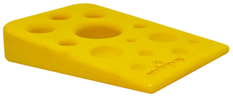 The SodaPup Swiss Cheese Wedge EChew Durable Nylon Dog Chew Toy is shaped like a slice of Swiss cheese with round holes in various sizes—ideal for power chewers and dog enrichment.
