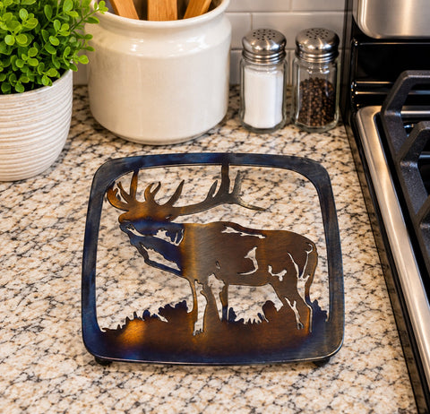 Rustic Elk Silhouette Metal Trivet – Handcrafted Hot Plate Kitchen Decor | Made in USA Knights Home Decor  item