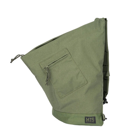 The MIS TA One Shoulder Bag in camo green features angular Cordura nylon, a front zippered pocket, and a small MIS logo patch near the bottom. Made in the USA, its shown on a white background.