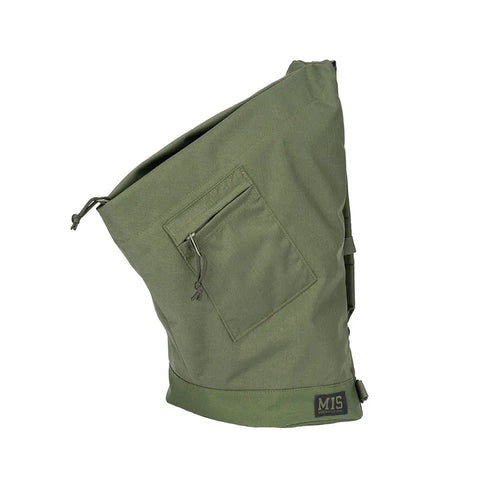 The MIS TA One Shoulder Bag in camo green features Cordura nylon, a slanted top, front zipper pocket, side straps, and an MIS patch. This water-resistant bag is made in the USA for lasting durability.