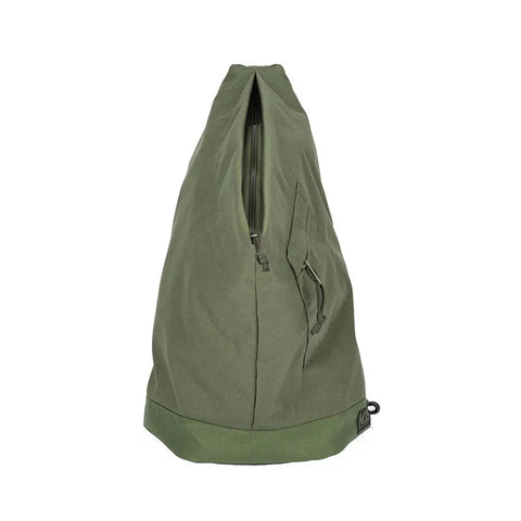 The MIS TA One Shoulder Bag in camo green features water-resistant material, front zipper closure, a side zip pocket, and a reinforced base. It stands upright against a white background.